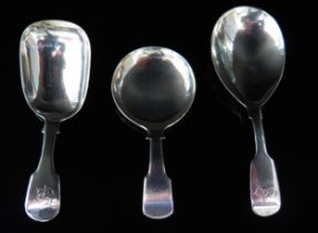 A George IV silver Fiddle pattern caddy spoon, maker Francis Powell, London, 1824, another by