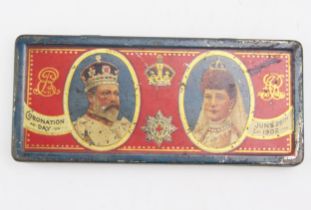 A Rowntree Edward VII coronation chocolate tin, with lithographed decoration, 12.5cm long.