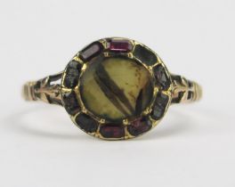 A Georgian Precious Yellow Metal, Agate? and Garnet Ring in a leather box, 11.2mm head, size L,