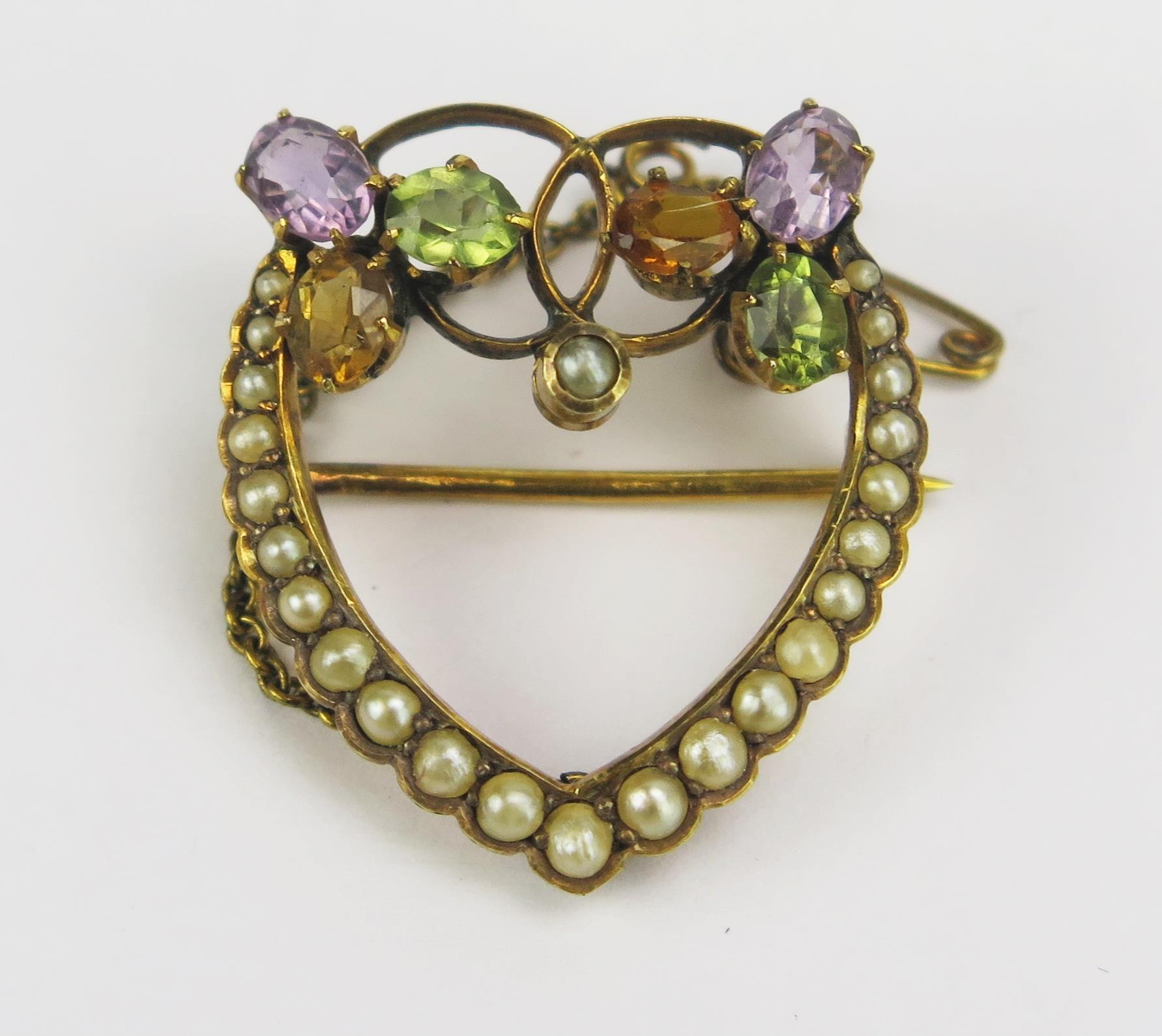 A Precious Yellow Metal, Pearl or Cultured Pearl and Semi Precious Stone Heart Shaped Brooch,