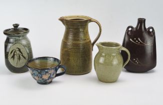 A Peter Addyman pottery storage jar and cover with brushwork decoration of bamboo leaves, 20cm high,