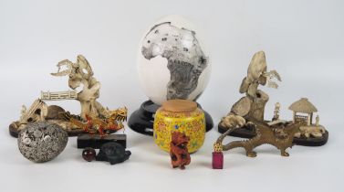 A pair of Japanese carved antler dioramas, of bridges over rivers, a Chinese jar, gilt metal dragon,