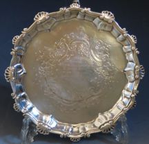 A George III silver waiter, maker Ebenezer Coker, London, 1763, inscribed, with shell and scroll