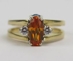 A 14K Gold Reversible Aqua Marine, Orange Topaz and White Stone Ring, size Q, 7.3g