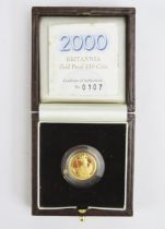 A Royal Mint 2000 1/10oz Britannia £10 Gold Proof Coin, 3.412g 99.9%. Boxed with COA No. 0107