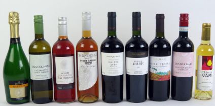A mixed collection of nine bottles of wine, includes Fortnum & Mason Malbec 2019, 2020, Rosso