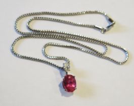 An 18ct White Gold, Pink Tourmaline and Diamond Pendant on an 18ct white gold snake link chain,