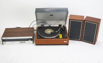 A mixed stereo Hi-Fi system with turntable, tuner and pair of speakers.