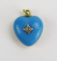 A Victorian Turquoise Enamel and Rose Cut Diamond Panel Back Heart Shaped Locket in a precious
