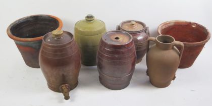 A collection of salt glaze and other barrels, flour bin, large bowls etc.