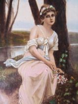 Overpainted romantic style photograph of a young woman in a wooded glade in a gilt oval frame, 28