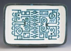 A Rare and Early Troika Pottery Dish of rectangular form with dark blue scarab decoration and