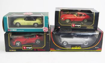 British 60's Cars 1:18 Scale Trio Including Solido Rolls Royce, Corgi MGB, Burago Jaguar E Type plus