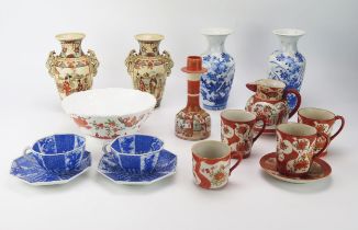 A collection of assorted Chinese and Japanese ceramics including Kutani cups and vase, and blue