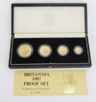 A Royal Mint 1987 Britannia Proof Set comprising £100, £50, £25 and £10, 63g. Boxed with COA No.