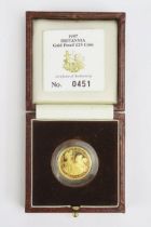 A Royal Mint 1997 1/4oz Britannia £25 Gold Proof Coin, 8.513g 99.9%. Boxed with COA No. 0451