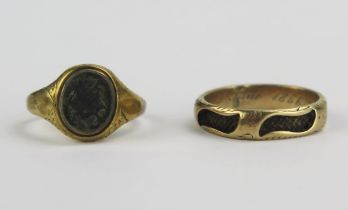 Two Victorian Yellow Metal and Hair Memorial Ring _ band engraved "Jane Hardcastle Obt. 23 June