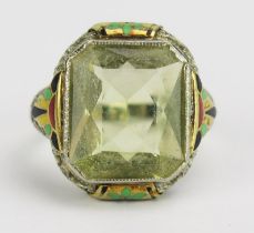 A White Gold, Citrine and Enamel Ring in an ornate pierced setting, 13.3x11.8mm stone, size H,