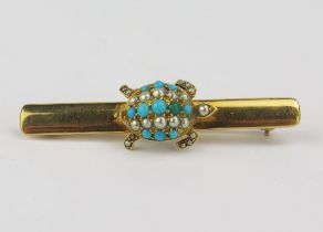 A Victorian 22ct Gold, Turquoise and Pearl or Cultured Pearl Turtle Brooch, London 1898, maker GC,