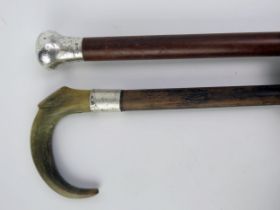 A Gents silver topped hardwood walking stick, together with a silver mounted and horn handled