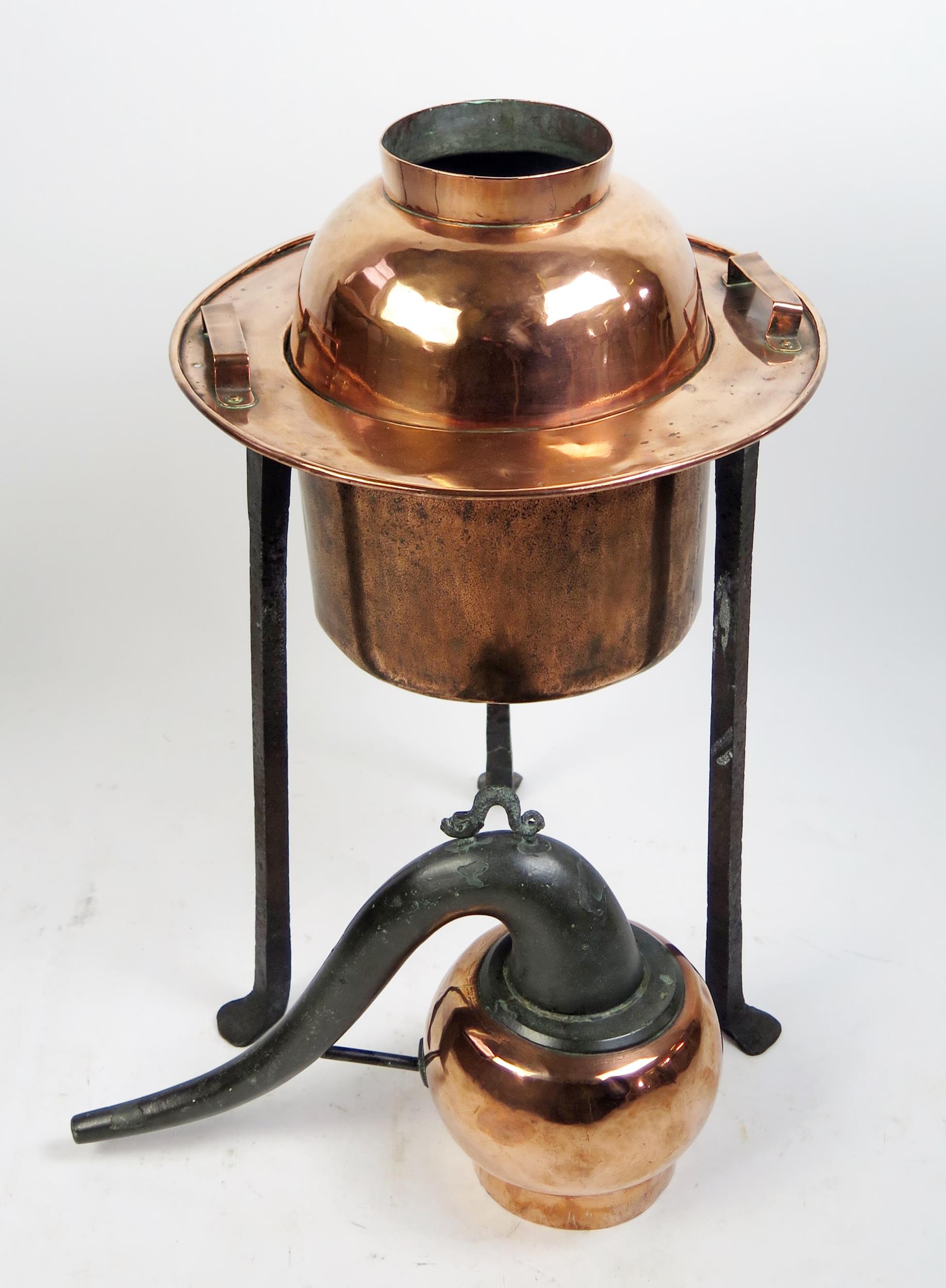 A 19th century French polished copper still, with swept metal spout, with cylindrical reservoir, - Image 3 of 4