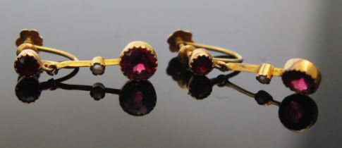 A Pair of 9ct Gold and Garnet and Seed Pearl or Cultured Seed Pearl Pendant Earrings, 20mm drop,
