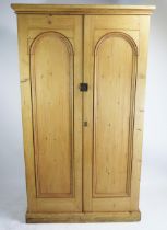 A Victorian stripped pine cupboard, the top with a moulded cornice above a pair of arched moulded