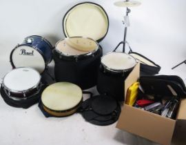 Collection of Drums and Accessories including Cymbal Stand, Paiste cymbal, 18" and 14" floor toms in