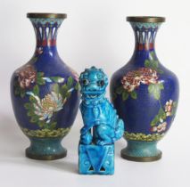 A Pair of Chinese cloisonné vases of baluster form, with sprays of chrysanthemums, 23cm high,