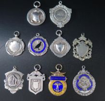 Nine assorted silver fobs and medallions, various makers and dates, and a plated example, total