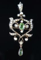 A 9ct Gold, Peridot and Seed Pearl or Cultured Seed Pearl Pendant, 52.8mm drop, stamped 9CT, 3.81g