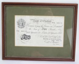 A Bank of England White £5 Note V78 030119, framed & glazed