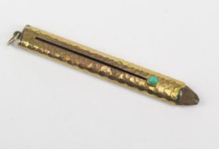 A Planished Gold Telescopic Fob Pencil Holder with turquoise mounted button, London 1903, Goldsmiths