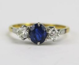 An 18ct Gold and Platinum, Sapphire and Diamond Three Stone Ring, 6x5.3 principal stone, 3.6mm