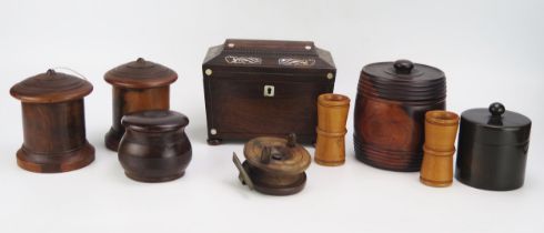 A 19th century rosewood and mother-of-pearl inlaid tea caddy of sarcophagus outline, raised on squat