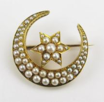An Antique Precious Yellow Metal and Pearl or Cultured Pearl Crescent and Star Brooch, 28.1mm, KEE