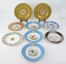 A set of three 19th century porcelain ornithological plates, enclosed by a powder blue border with