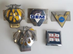 A collection of chrome car badges including AA, GEM, and RNLI