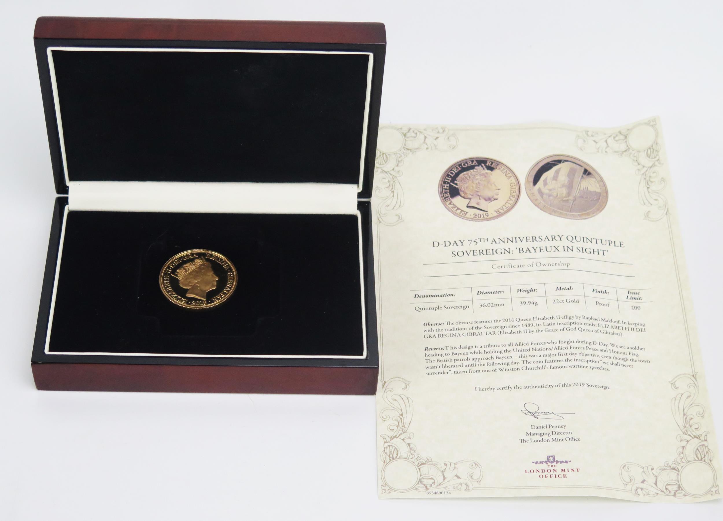 A 2019 Quintuple Sovereign _ D-Day 75th Anniversary: Bayeux In Sight, 39.94g. Sold boxed with The