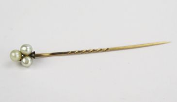 A Victorian Pearl or Cultured Pearl and Rose Cut Diamond Precious Yellow Metal Stick Pin in a Hunt &