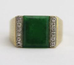 A 14K Gold, Jadeite and Diamond Ring, 15.7x12mm head, stamped 585 14K, size P.5, 6g