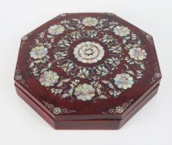 A modern Chinese lacquered and mother-of-pearl inlaid box and cover, of octagonal outline, the