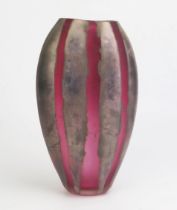 Adam Aaronson Art Glass Vase of Elongated Ovoid Form in pink with silvered stripes, etched signed