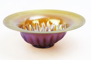 A WMF Myra series iridescent glass bowl, with flared rim and fluted body, on a circular foot, 32cm