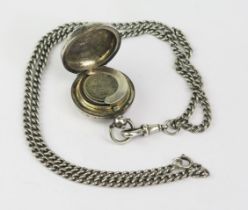 An Antique Hallmarked Silver Sovereign Fob Case on a silver curb link chain, clasp marked