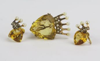 A 9ct Gold and Heart Shaped Citrine Mounted Brooch surmounted by a coronet or crown with pearls or