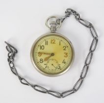 A Military Issue Open Dial Keyless Pocket Watch, the back engraved with a crow's foot "G.S.T.P.