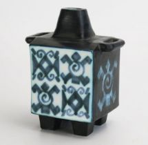 Rare and Early Troika Pottery Four Footed Twin Handled Cube Vase Scarab Design decorated in graphite