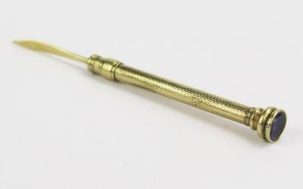 A Samson & Mordan Precious Yellow Metal and Amethyst Set Telescopic Toothpick, arrow mark, KEE tests