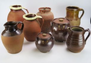 Two Brannam pottery graduated jugs, a salt glaze coffee pot (lacks lid); together with five other